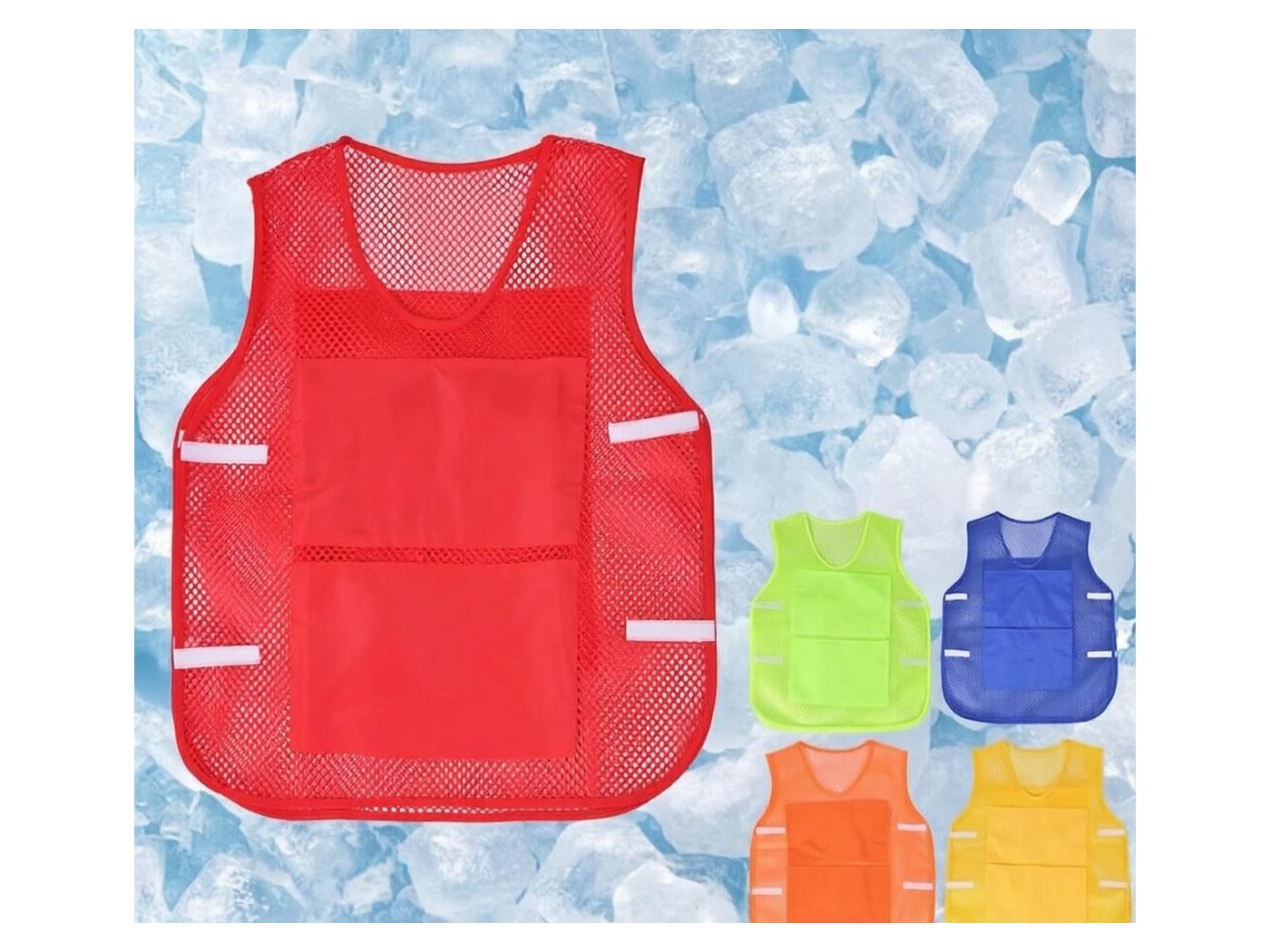 Grey pocket cooling vest loaded with blue gel ice packs in the chest and side pockets